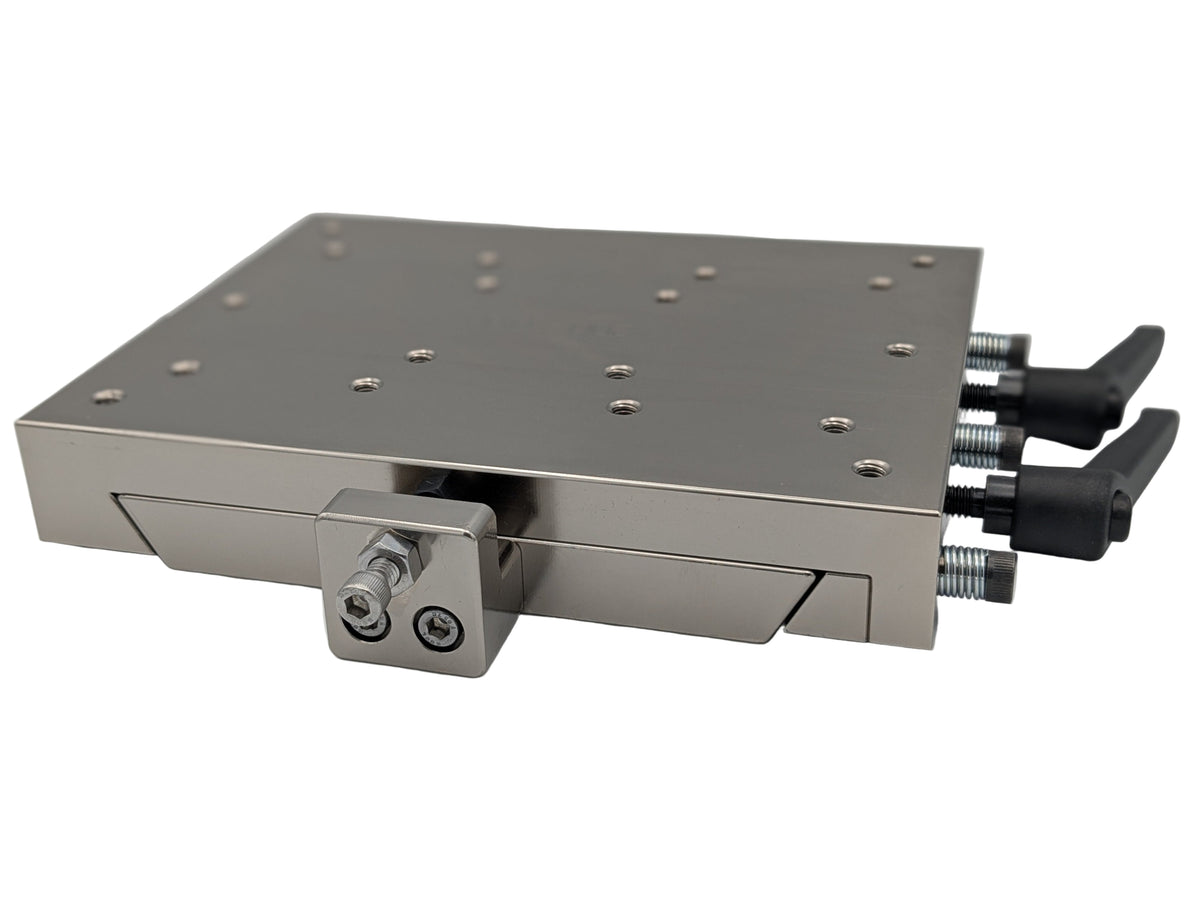 A silver Vertex dovetail assembly with multiple holes and adjustment knobs on a white background.