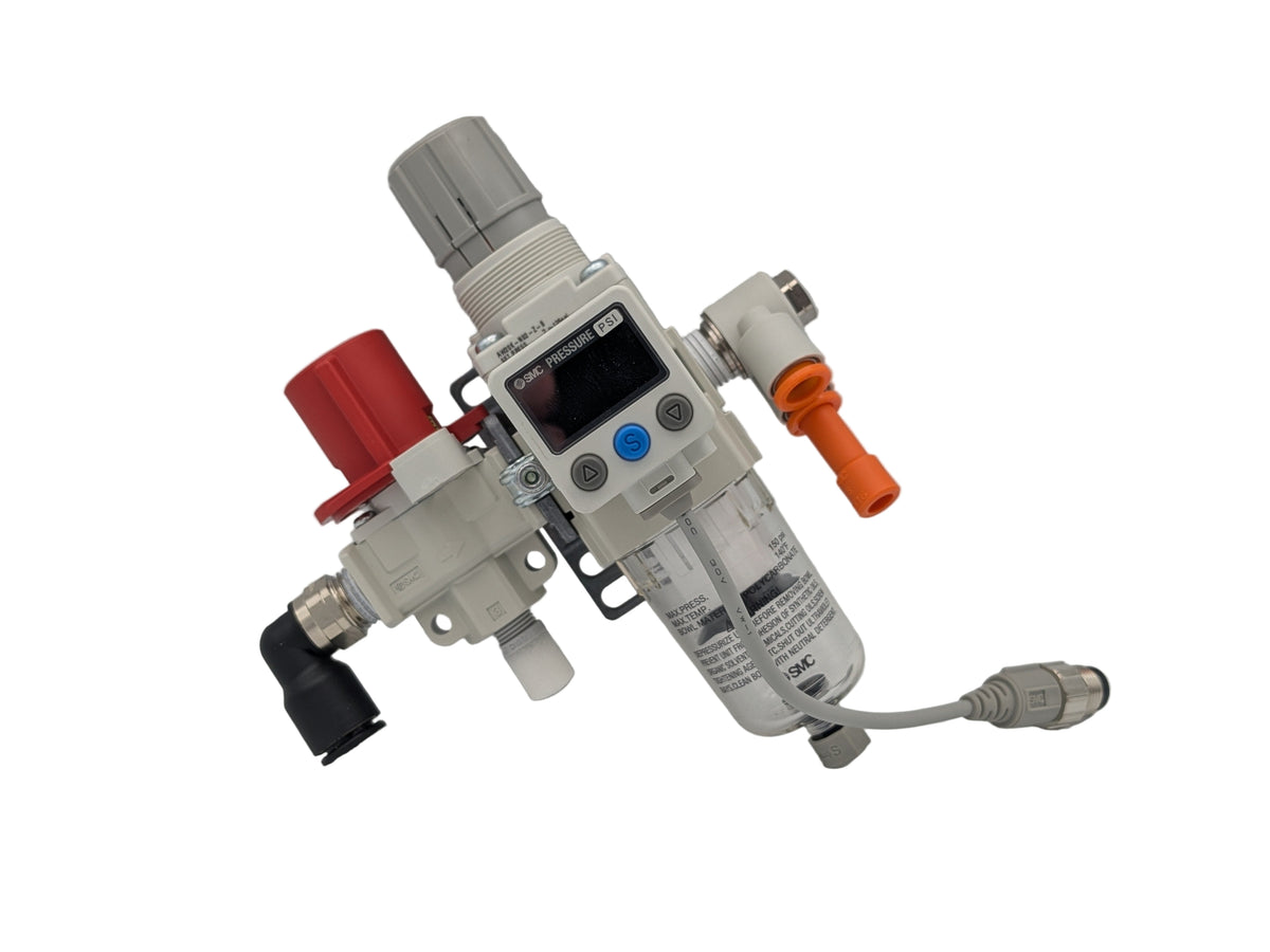 F/R Assembly (no post cool) device with various connectors and a display on a white background