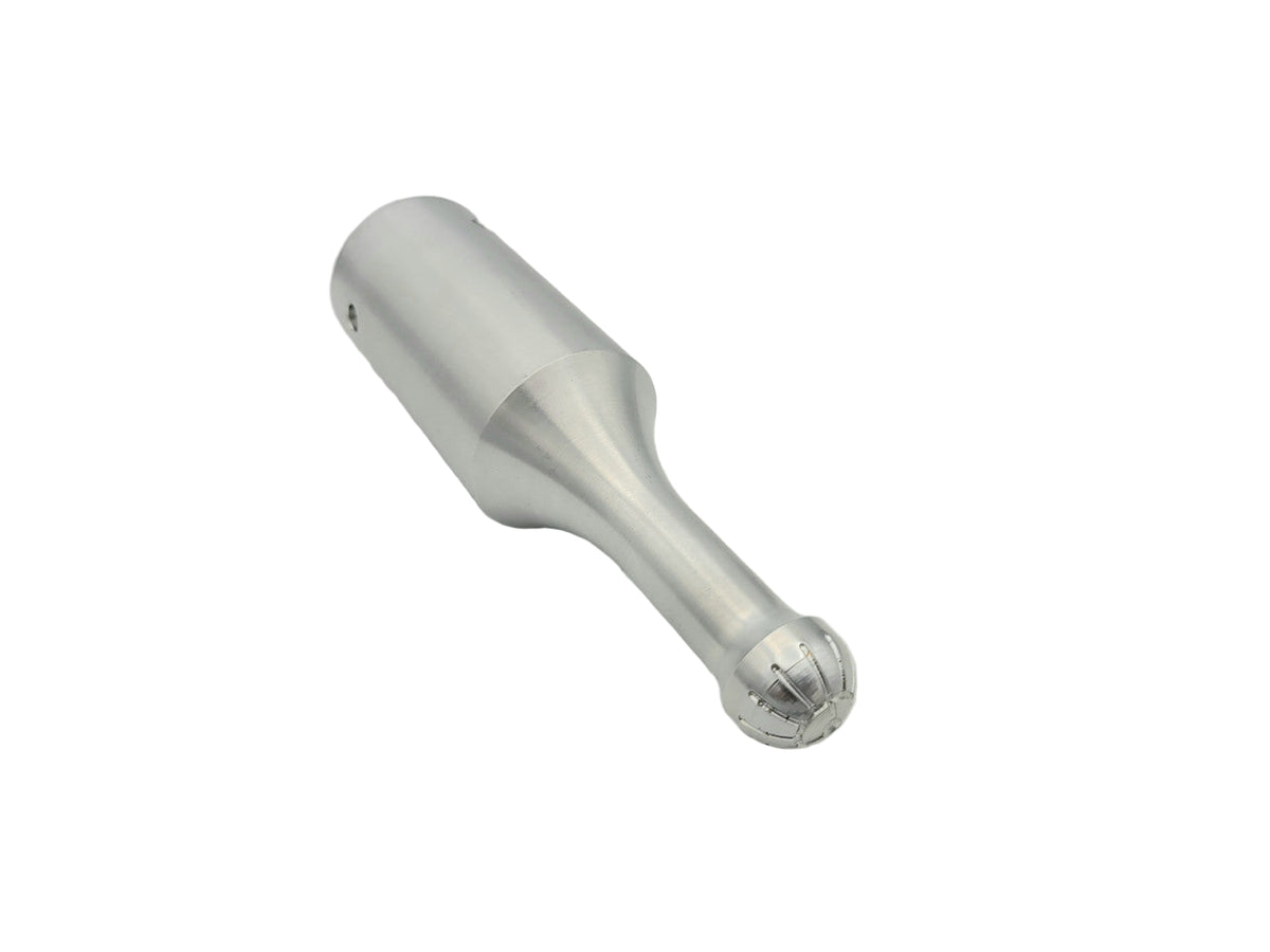 A silver-colored corrugated box horn against a white background.