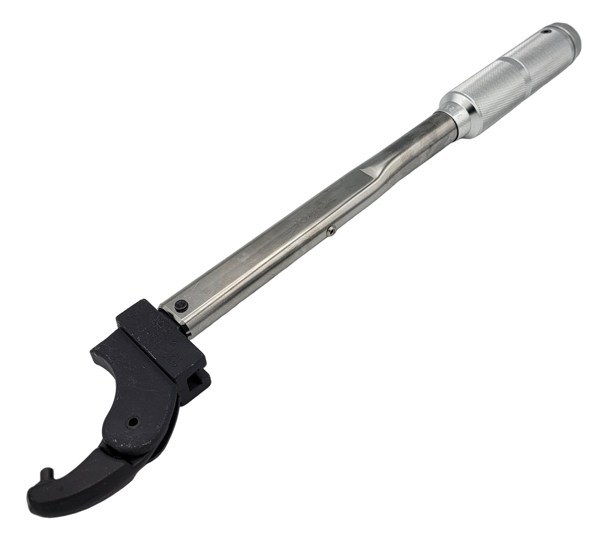 Metal wrench with black handle on a white background