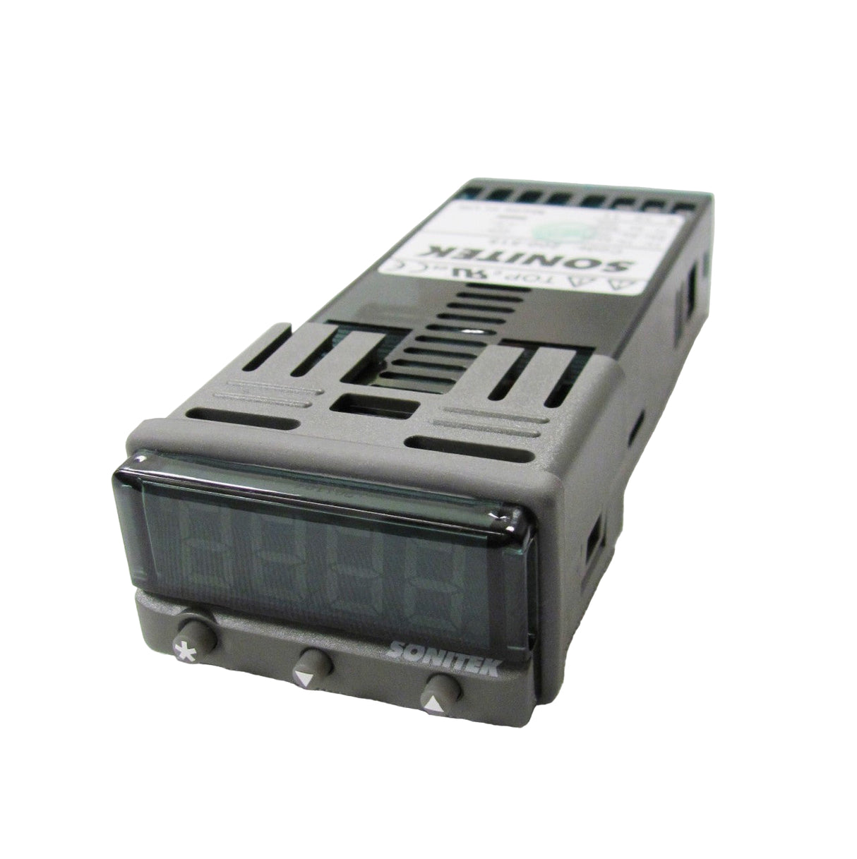 A digital temperature controller with a black casing and a display screen showing digital readout.