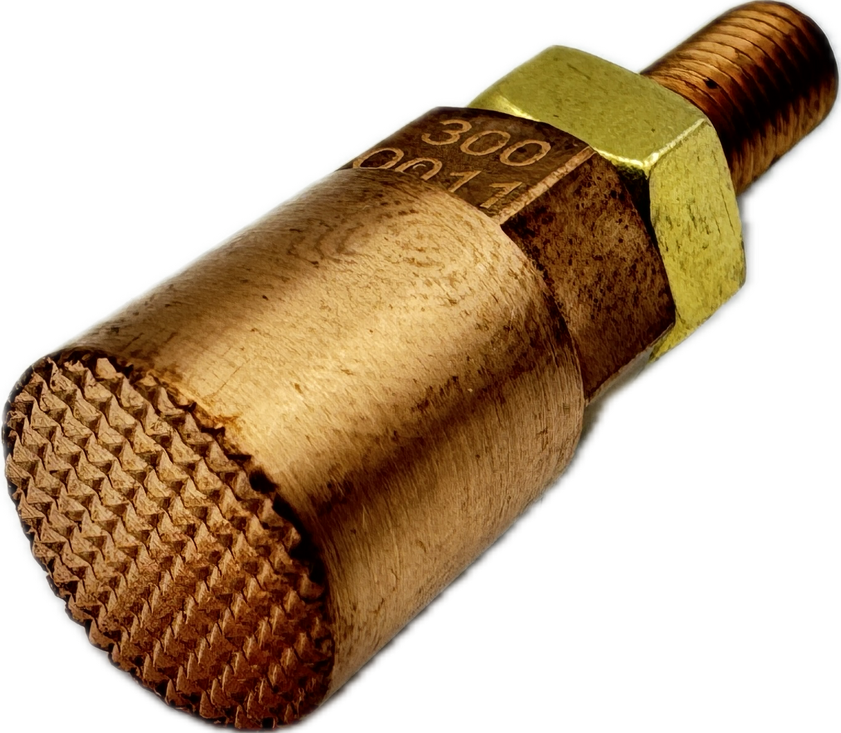 A thermal staking tip with a knurled surface and a threaded connector.