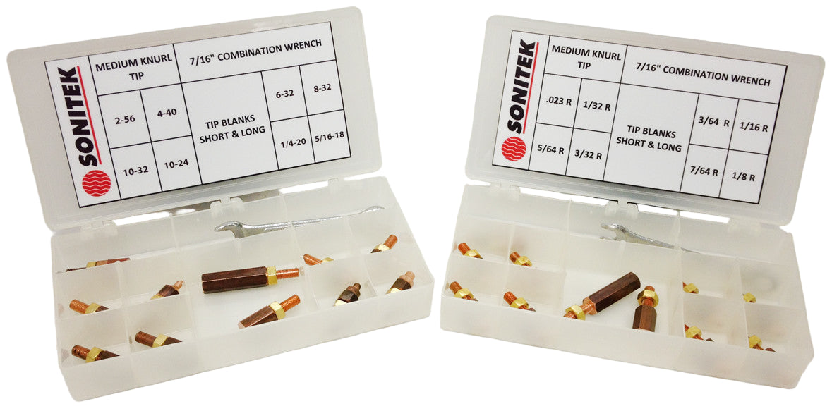 Two Sonitek Heat Staking & Insertion Tip Kits with open cases displaying tips and measurement charts.