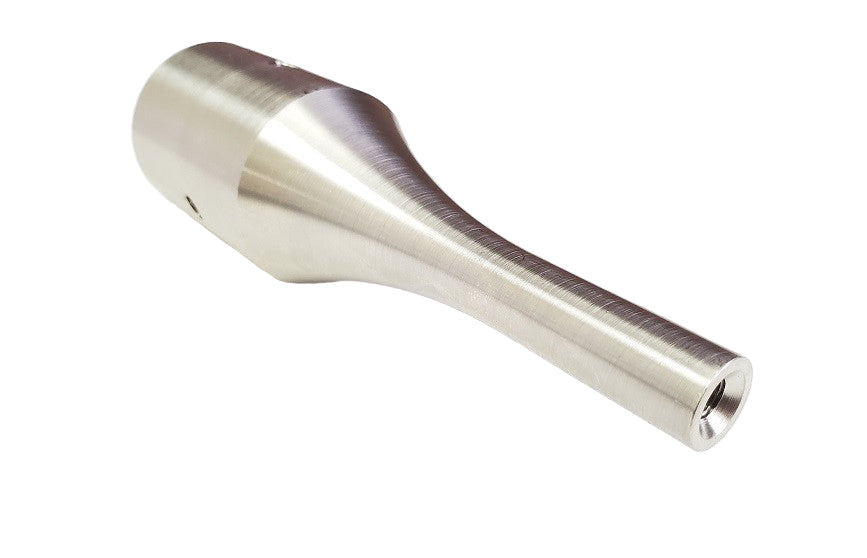 A silver-colored catenoidal tapped horn with a cylindrical shape designed for welding accessories.