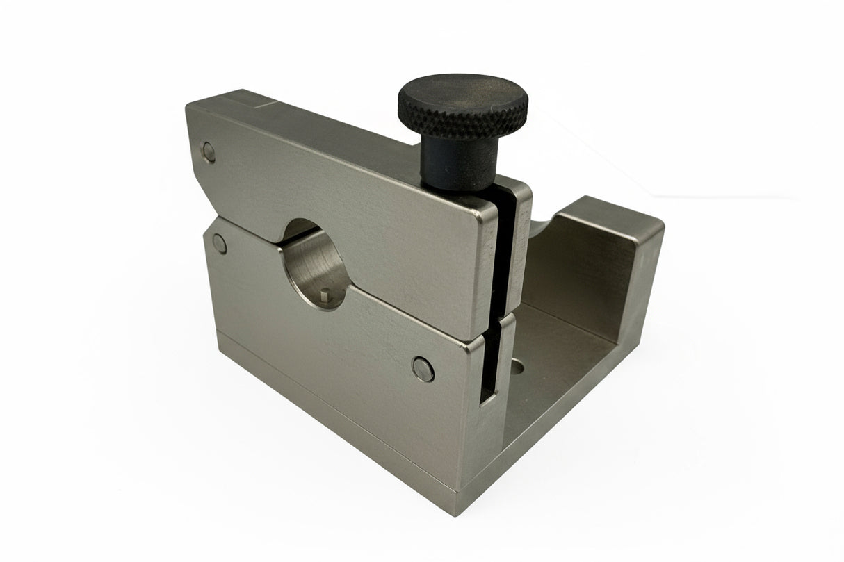 Metal tool with a black knob on a white background