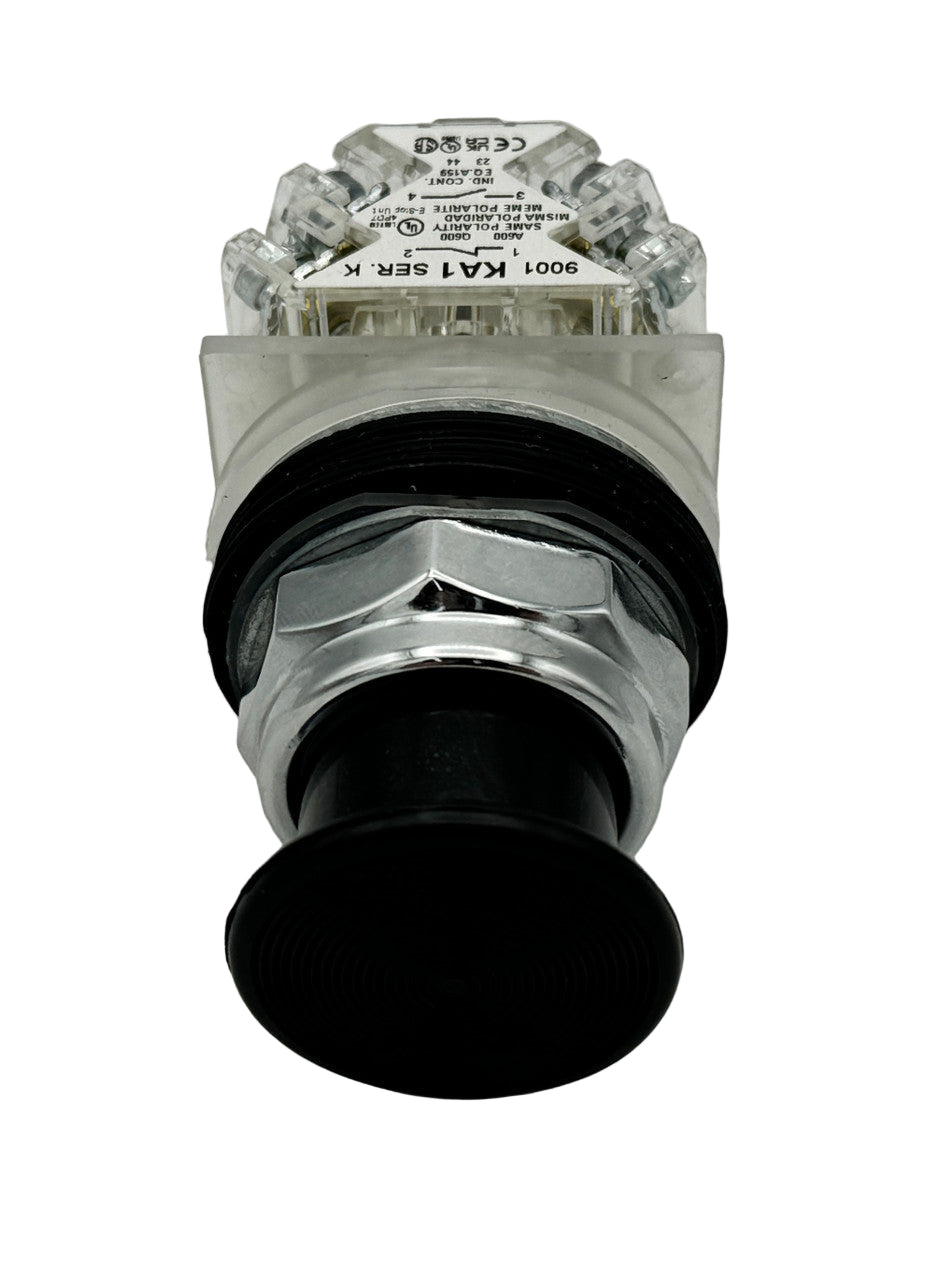 Manual palm button and contact for thermal presses, featuring a black palm button and a silver contact connector block.