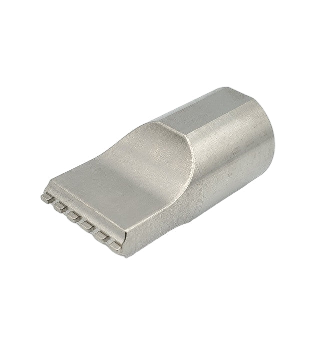 A silver-colored titanium horn with a stich pattern.