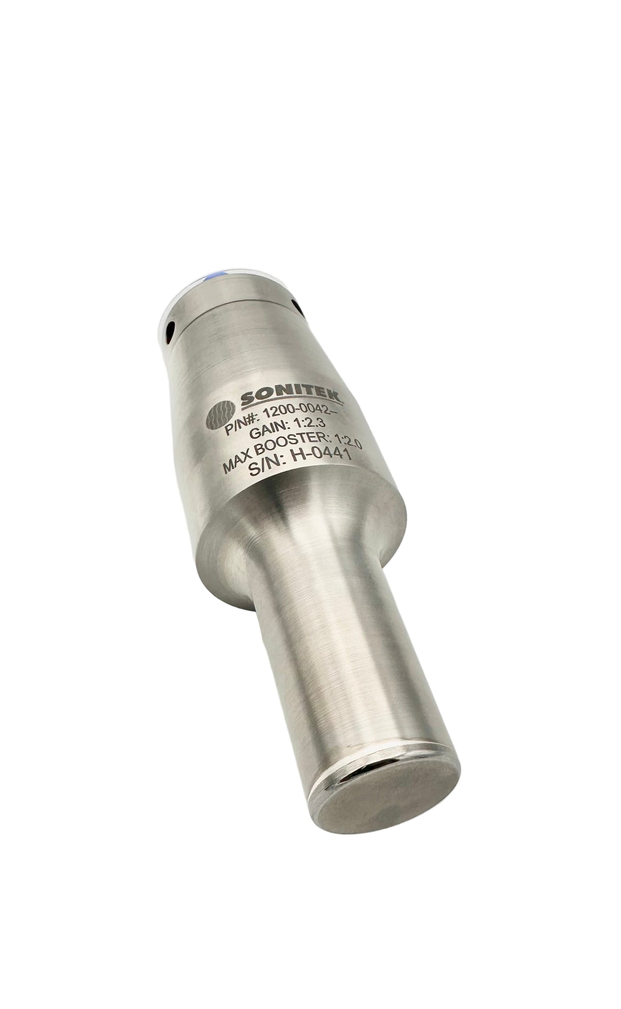 A silver-colored Branson carbide face horn with a 1.0 inch diameter flat face, designed for textile cutting and sealing, on a white background.