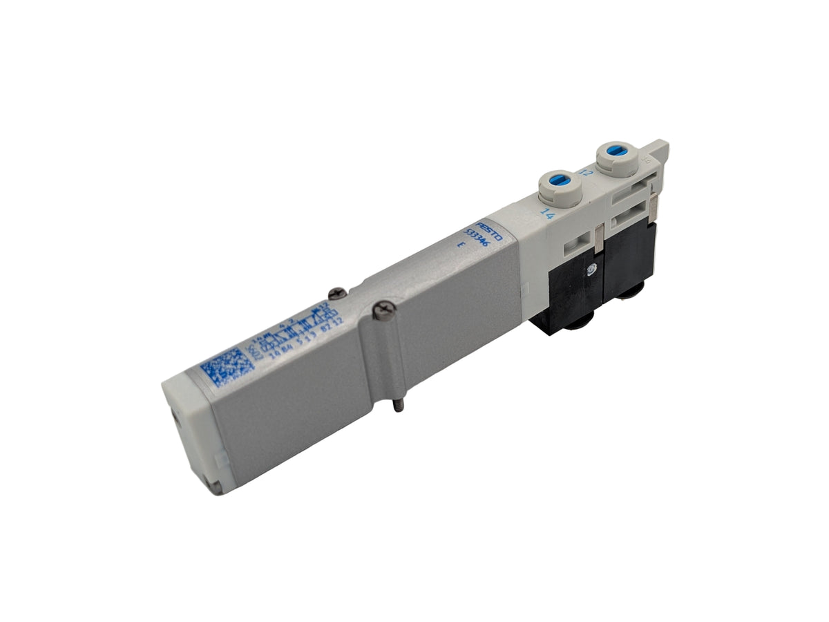 A slide valve with a gray body, blue detailing, and black connectors.
