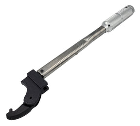 Metal wrench with black handle on a white background