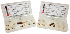 Two Sonitek Heat Staking & Insertion Tip Kits with open cases displaying tips and measurement charts.