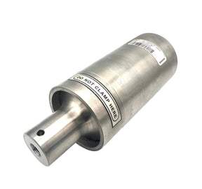 A pre-owned Branson ultrasonic converter made of silver metal, with the brand name and model details visible on the side.