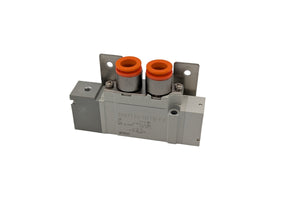 Mechanical component with orange connectors on a white background