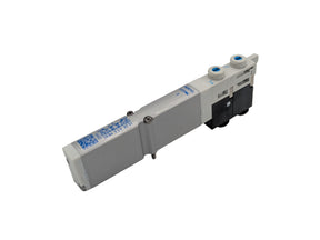 A slide valve with a gray body, blue detailing, and black connectors.